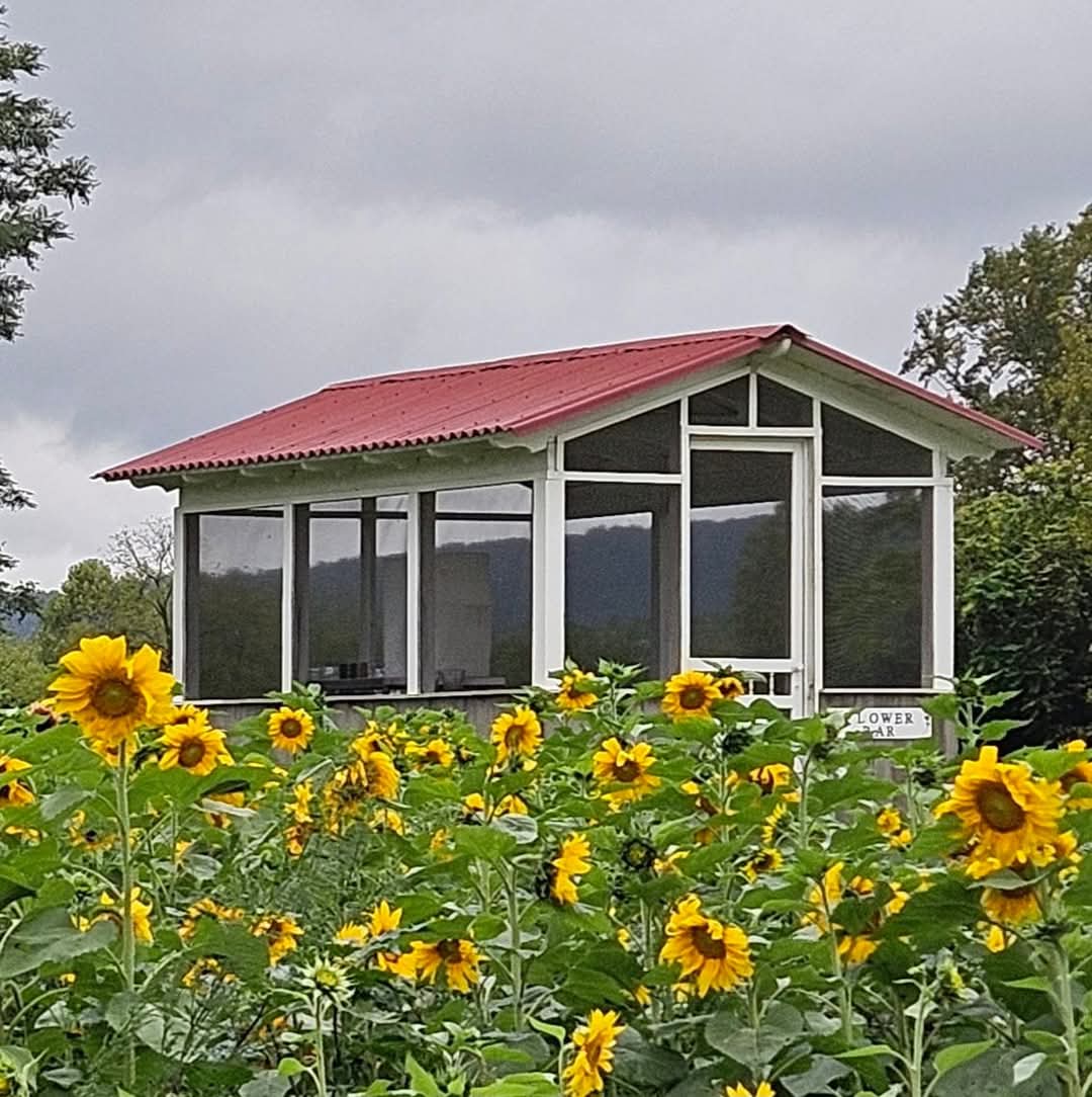 The Flower Bar arrangement station beside the flower fields